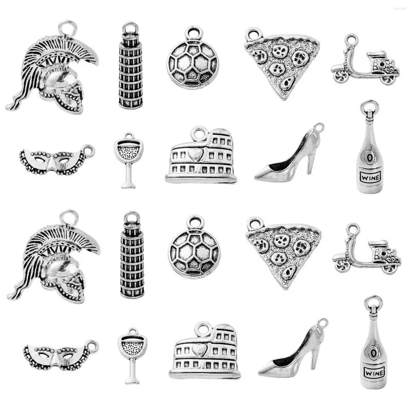 Charms Pandahall 50 Uds 10 estilo Italia tema tibetano viaje Pizza copa máscara para DIY fabricación de joyas hechas a mano