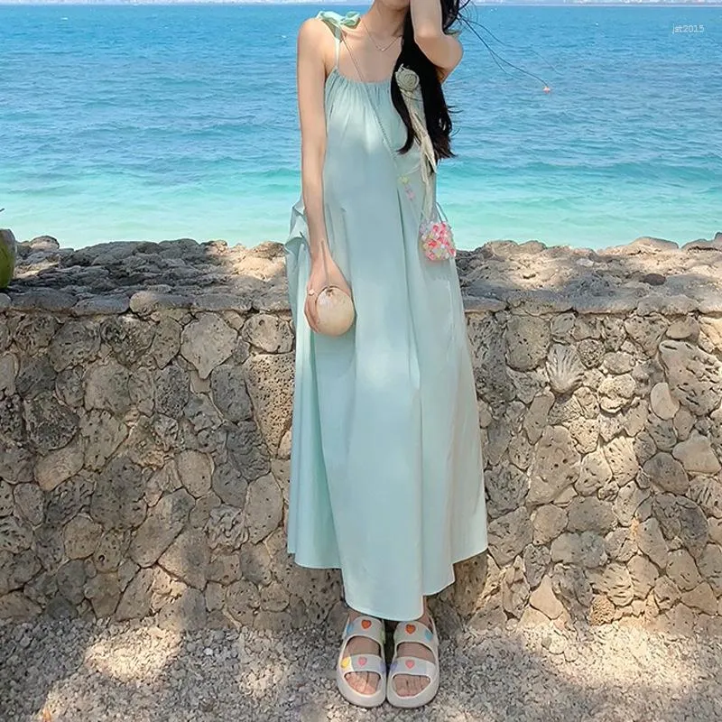 Scene Wear Mint Summer Heavy Industry Suspended Dress Women's Solid Color Slim Temperament Long