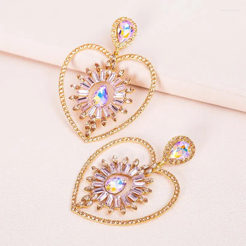 Dangle Küpeler Yaratıcı Vintage Renk Kalp Kristal Etnik Büyük Lüks Şampanya Rhinestone Damla Küpe Kadın Mücevher Toptan