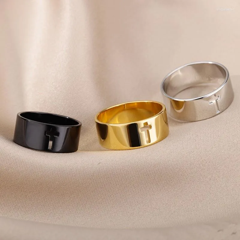 Wedding Rings Dadig Hollow Cross Band Roestvrij staal Zwart Wit Gouden Verklaring Belofte paar voor vrouwelijke mannen