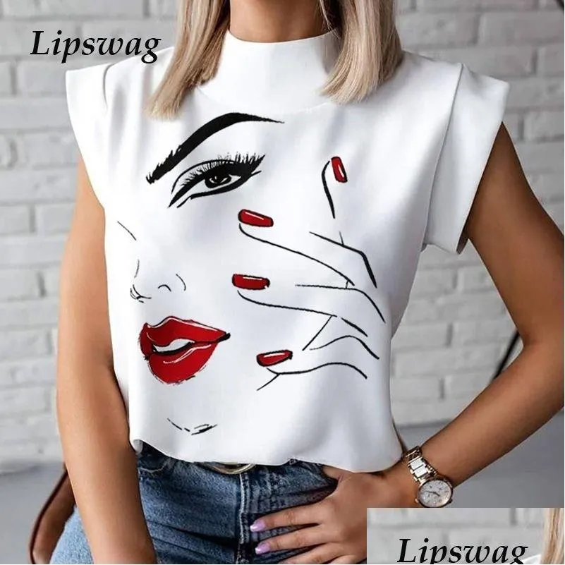 Blusas De Mujer Camisas Elegante Labios Rojos Impreso Blusa Mujer O Cuello De Manga Corta Tops Básicos Verano Casual Mujer Chorlito Camisa Blus Dhoeg