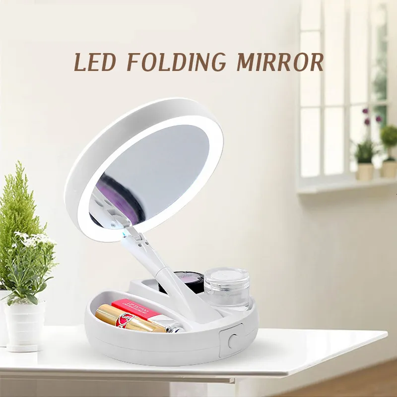 Kompakta speglar Fällbar USB -laddning eller batteriledd spegel Makeup Vit Vanity Cosmetic Mirror With Light 10X förstoringsbordspeglar 230818