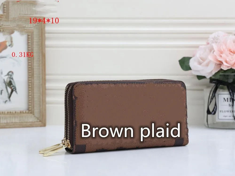 Brown Plaid PU Leather Zipper Wallet With Interior Slot & Zipper Pocket ...