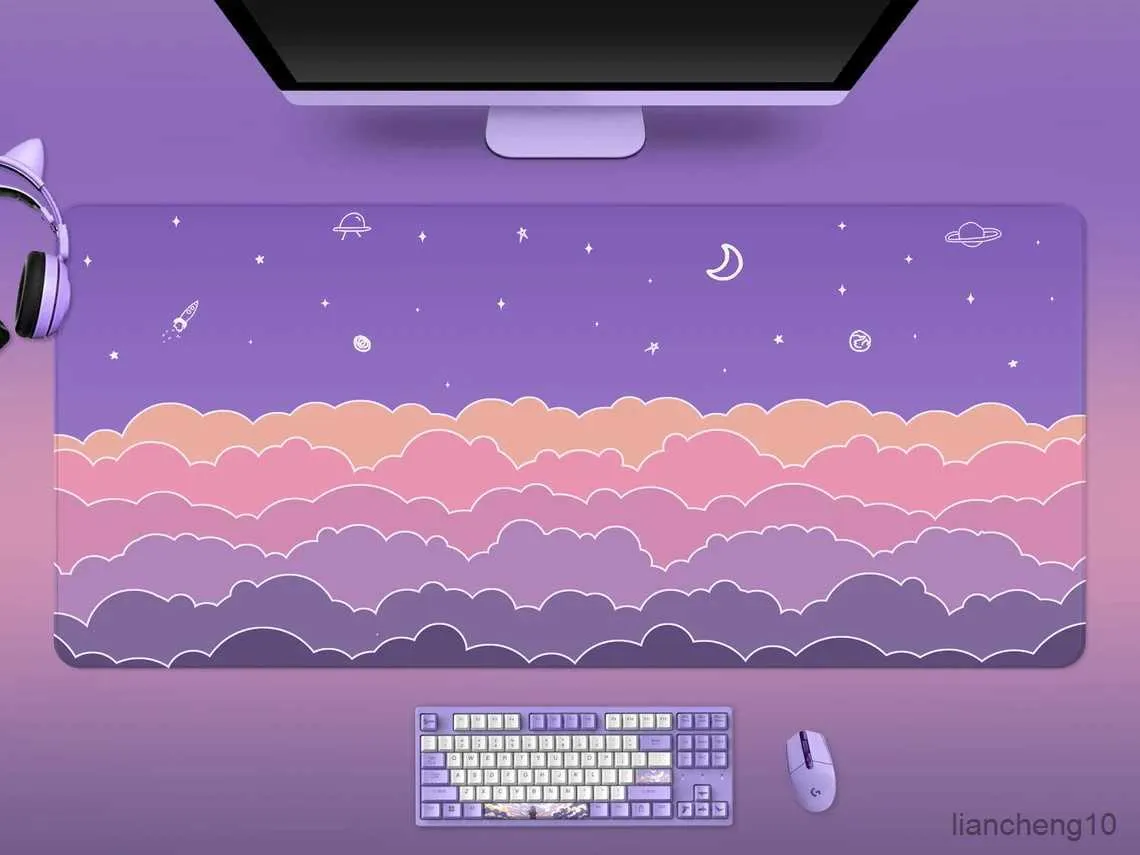 Мышиные колодки запястье на рабочем месте фиолетовое милое мыши эстетическое фиолетовое лавандовое облаковое небо луна Каваи XXL Большой RGB Светодиодный игровой стол коврик мыши R230819