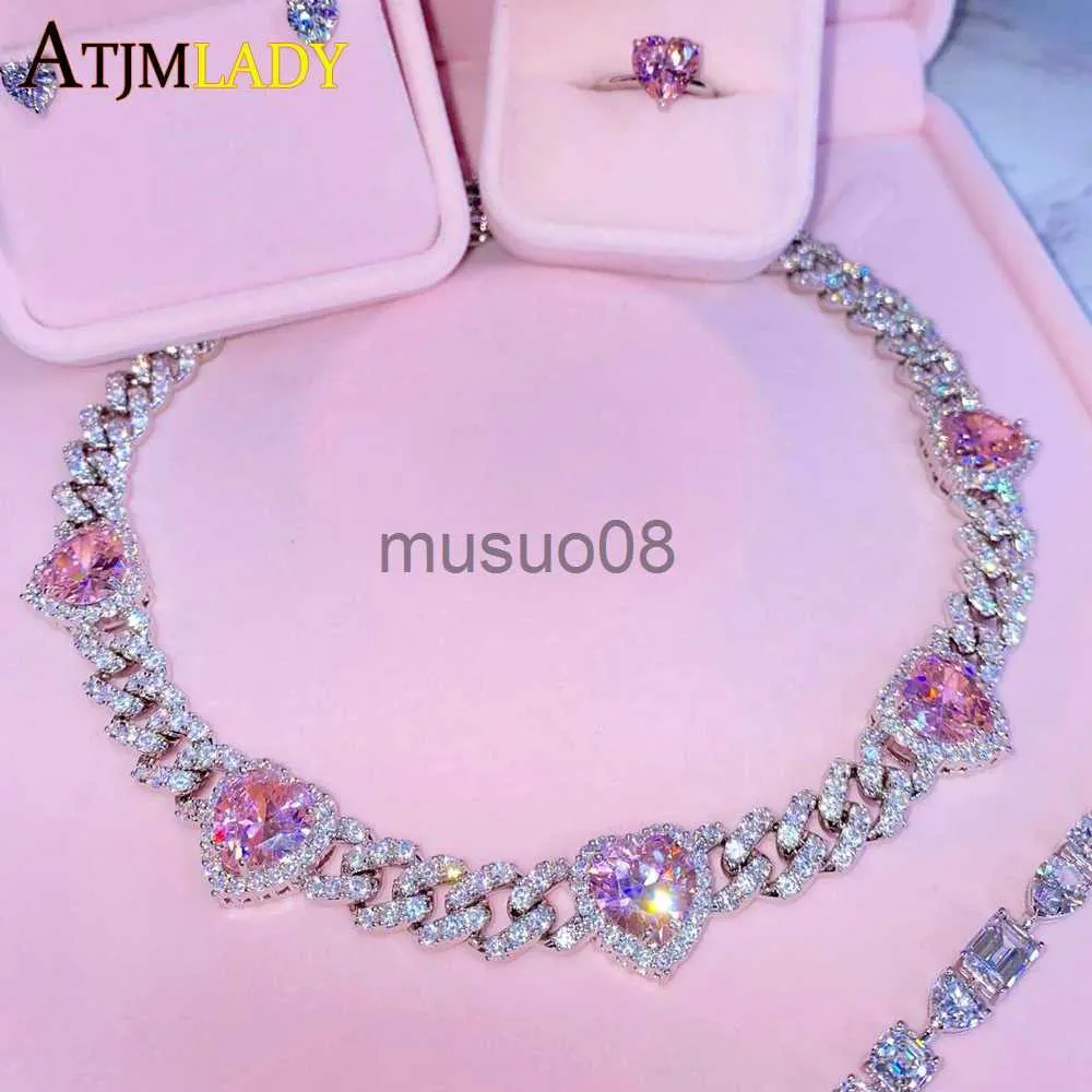 Pendant Necklaces Iced Out Bling Cubic Zirconia 11mm Miami Cuban Link Chain Hearts Necklace Pink Heart CZ Charm Choker Jewelry Hiphop For Women J230819