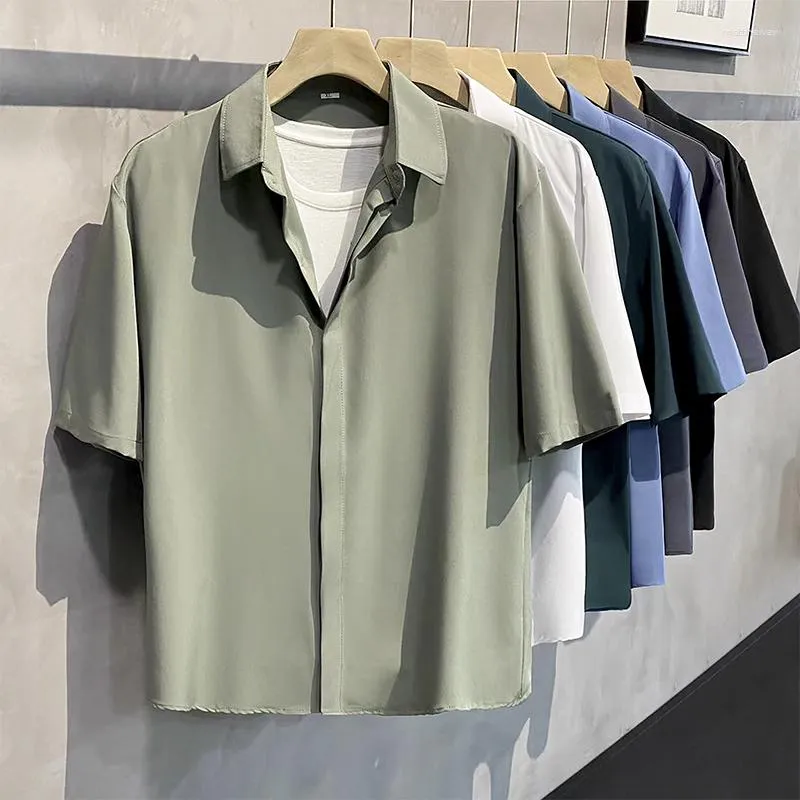 Casual shirts voor heren mannen met korte mouwen shirt anti-rimpel vaste kleur modekantoor losse knop pocket mannelijke kleding top