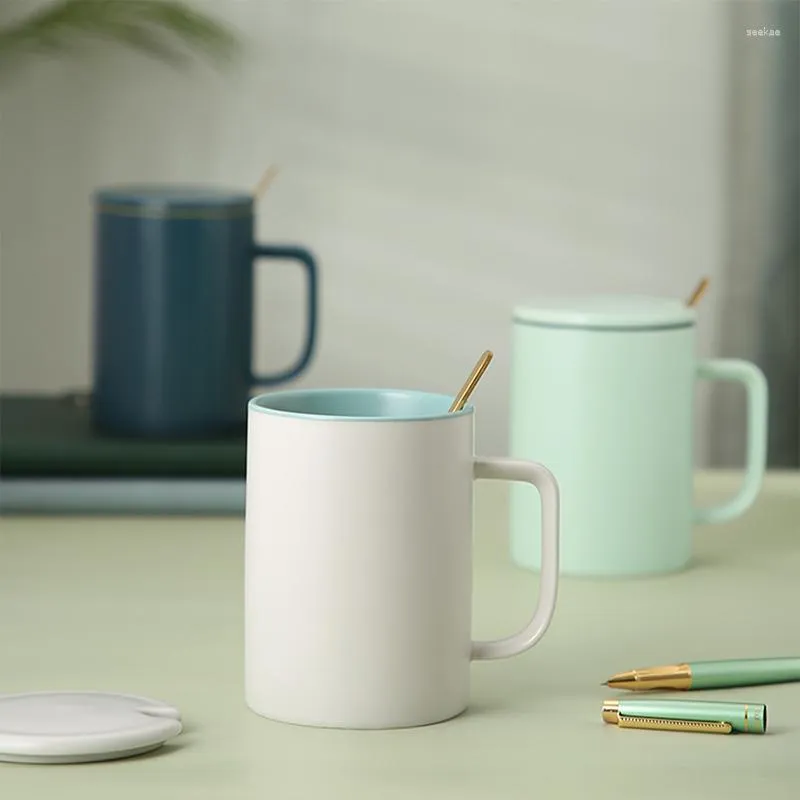 Tazas de café de cerámica de Color sólido Simple de estilo nórdico de 450ML, taza de desayuno de té de la leche para cocina, agua de oficina con cuchara de tapa