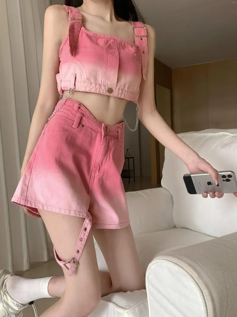 Survêtements pour femmes été Sexy femmes fête Club rose mince Denim haut à bretelles Punk gothique mode dos nu fille Camisole costume