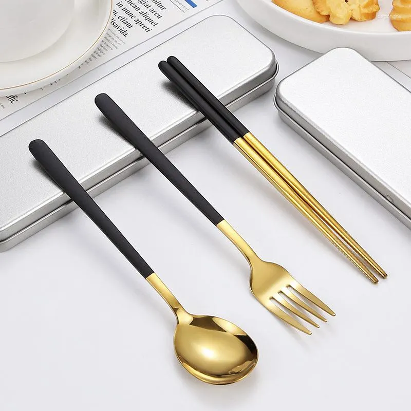 Conjuntos de utensílios de jantar 2/3pcs talheres portáteis com estojo 304 colher de aço inoxidável pauzinhos de garfo para crianças Tableware de piquenique