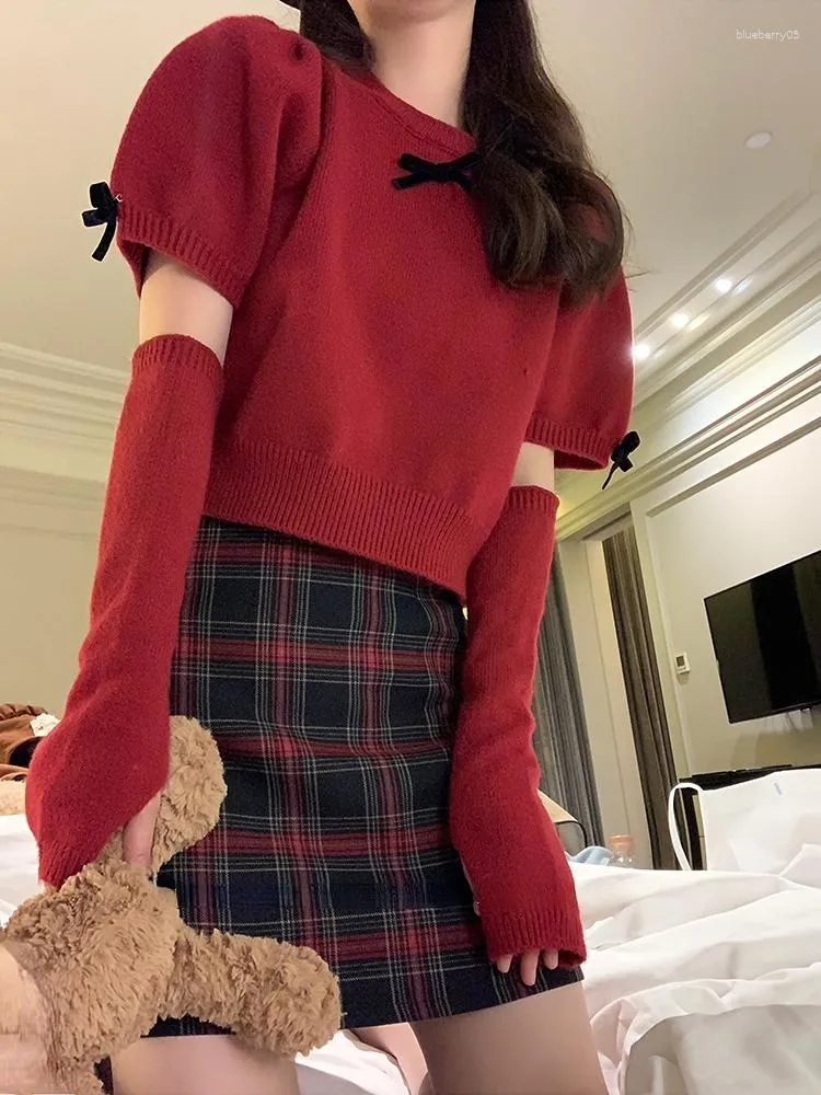 Kvinnors tröjor 2023 Spring Deisgn Y2K Crop Topps Female Slim Sticke Treeat Women Korean Style Elegant Pullover Office Lady Chic Pure