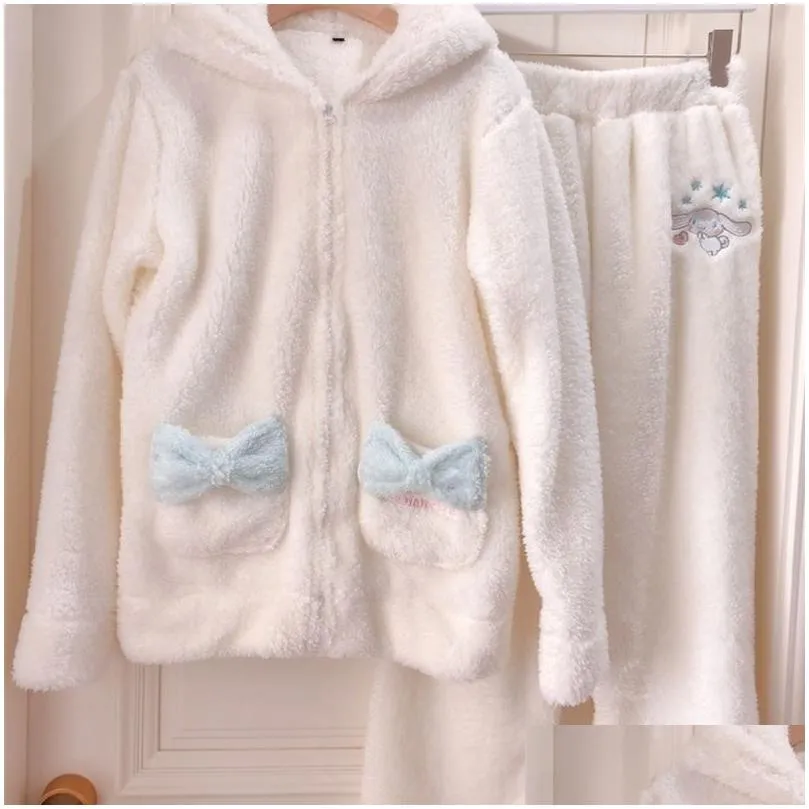 cosplay cinnamoroll sweatshirt two piece pajama coral fleece thick warm winter women cartoon kawaii white hoodies trousers set y200915