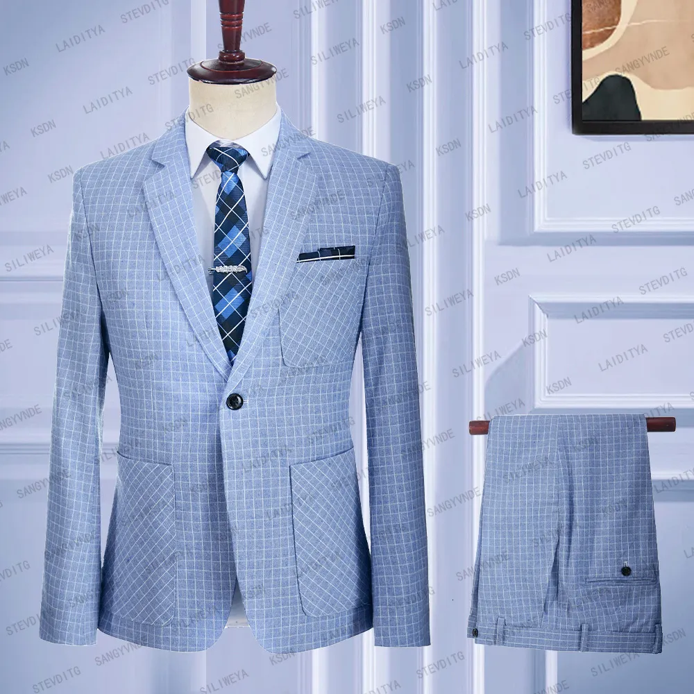 Ternos masculinos Blazers 2023 Moda Men Traje de verão Homme azul branco clássico linho xadrez smokingdos noivo 2 peças calças de jaqueta 230818