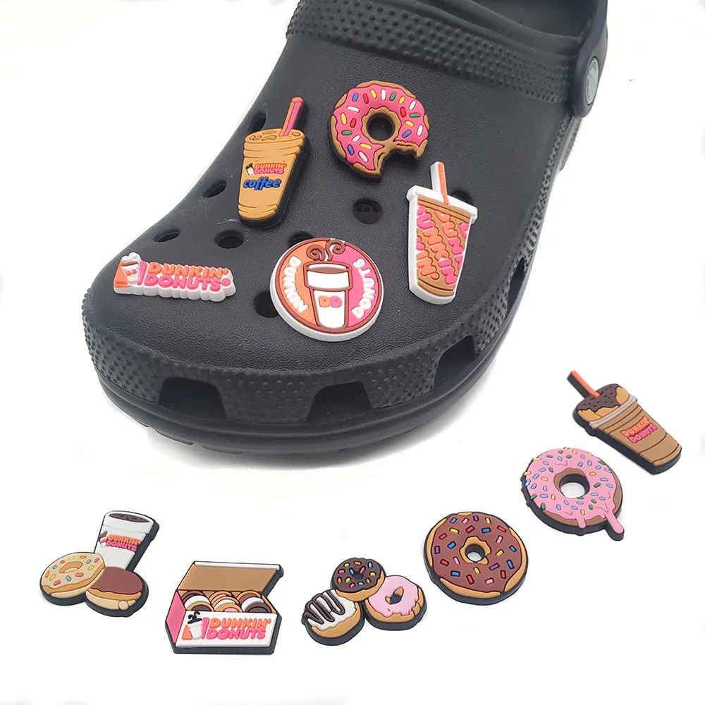 Schuhteile Accessoires 1pc Cartoon Dunkin Donuts Charme Food Drinks DIY für Clogs Garten Sandalen Dekoration Kinder x mas Geschenke Dekorat Otoqp