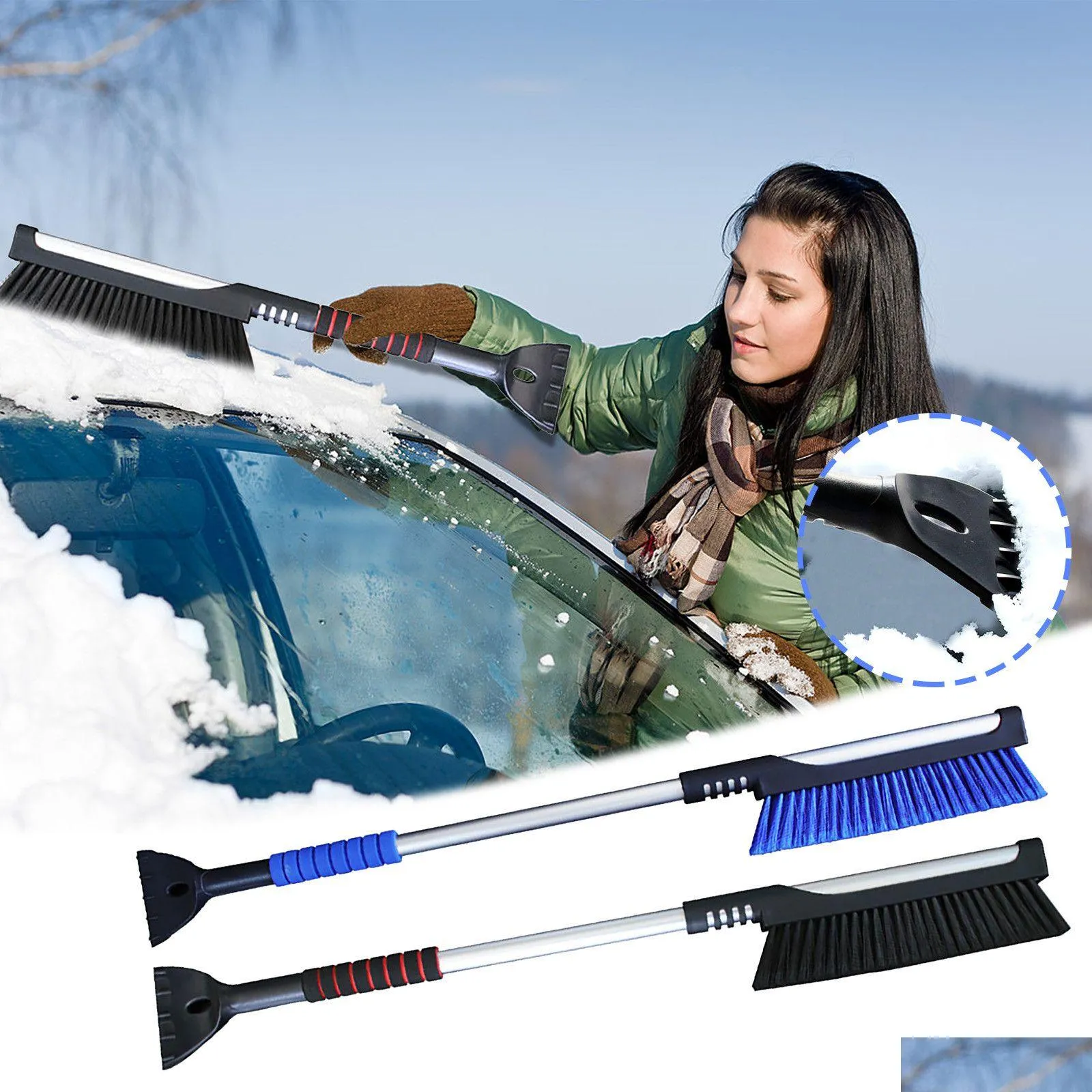 Grattoir à glace voiture brosse à neige pare-brise verre avec 2 en 1 outil de nettoyage extensible balai lavage goutte livraison mobiles motos soins Cle Dhmub