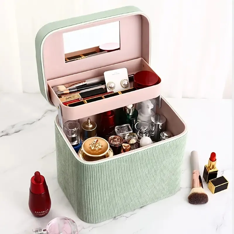 Corduroy makeup arrangör med vikbart bricka handtag, smink resväska med spegel stor kapacitetsmakeup box tågfodral, gåva för män kvinnor