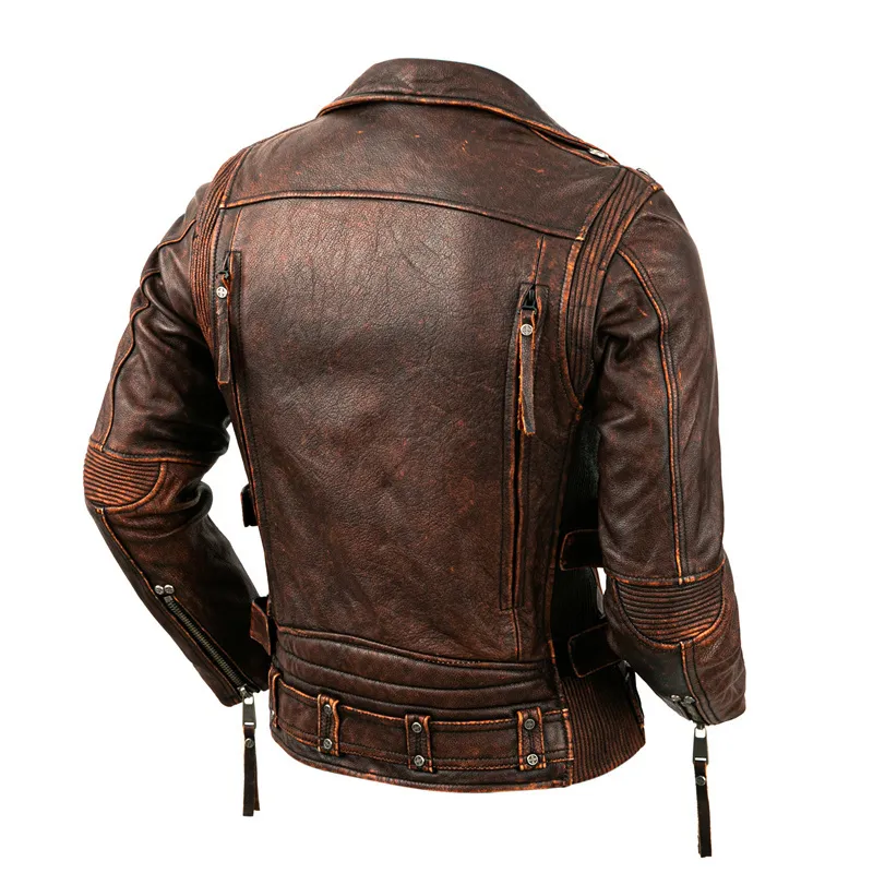 Men s Jackets Motorcycle Cowhide Genuine Leather Jacket Men Slim Stone Milled Retro Calfskin Coat Moto Biker Riding Clothes 230818