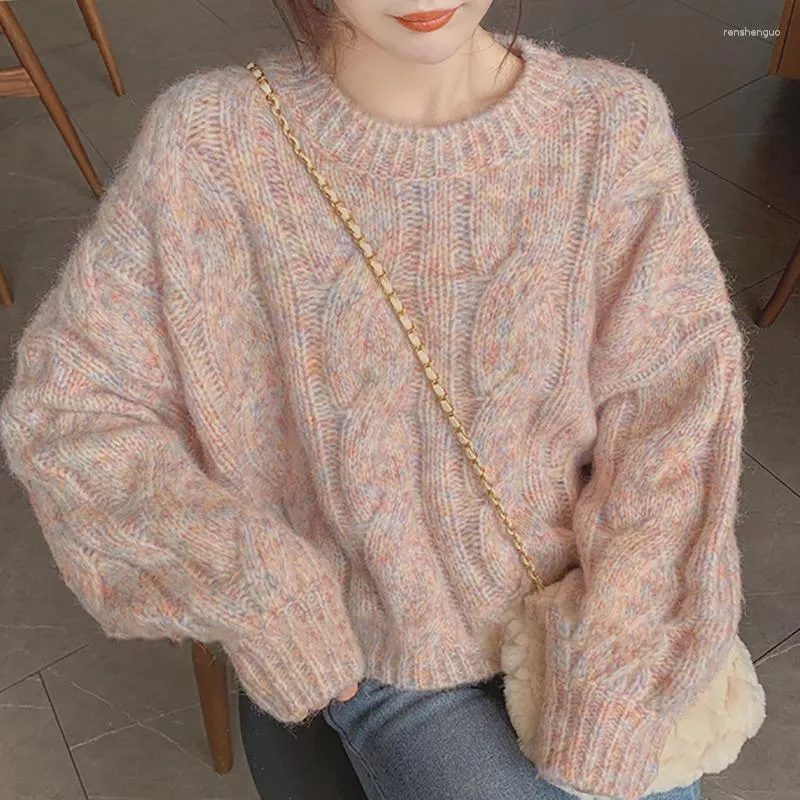 Kvinnors tröjor JSXDHK Sweet Fashion Girls Autumn Winter Rosa Loose For Women O Neck Long Sleeve Sticking Casual Short Pullover Female