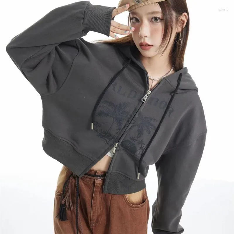 Kvinnors hoodies amerikanska vintage kort dubbel zip cardigan kläder sudadera grå tröja estetik y2k upp hoodie gotisk grunge jacka