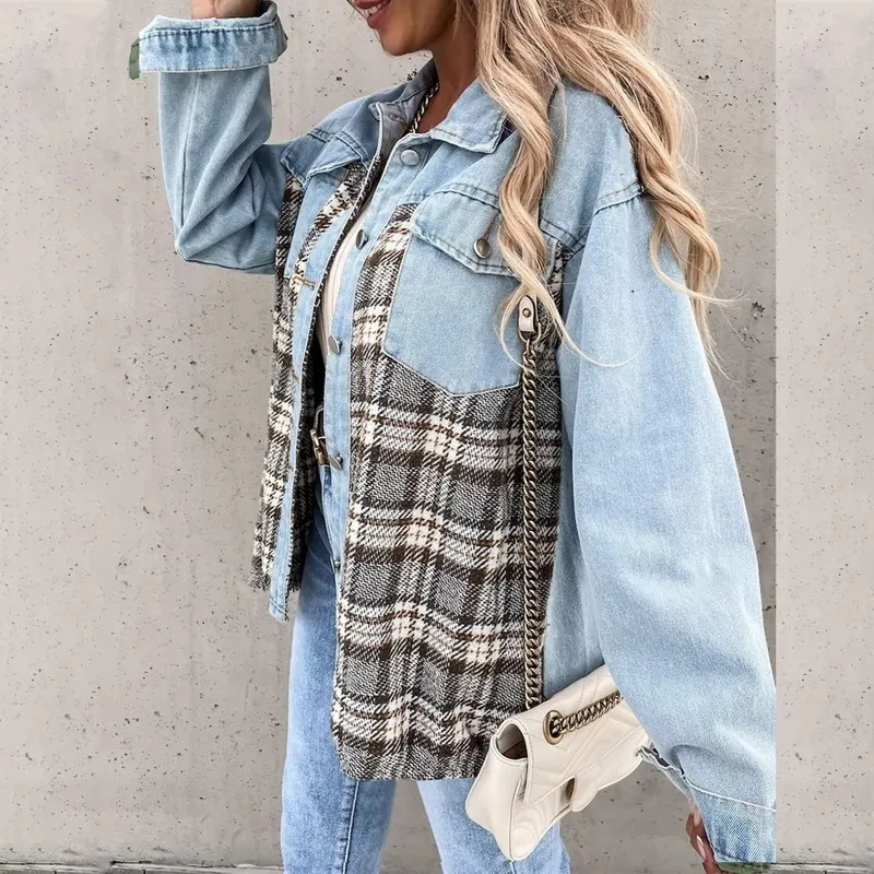 Giacche da donna Autunno giacca da donna a quadri a pianta lunga camicie abbottonate con abbottonatura a velluto a bordo di denim cappotto casual tops outwear con tasca 230818