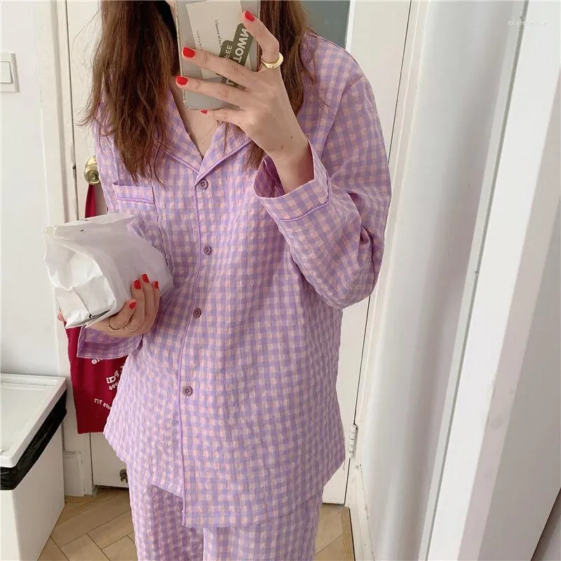 Women's Sleepwear Cotton Plaid Pajamas For Women Korean Purple Pyjamas Sets Autumn Pijamas Nightie Loungewear Pjs Drop