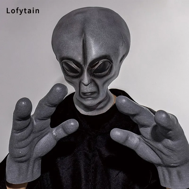 Alien Invasion Costume Set - UFO Mask, Gloves, Skull Helmet - Latex ...