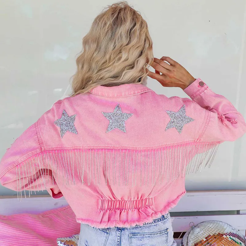 Womens Jackets Casual Buttonup Tassels Fempointed Star Diamond Denim Jacket Women Streetwear fransed Jean in Outerwears Chic Coat Top 230818