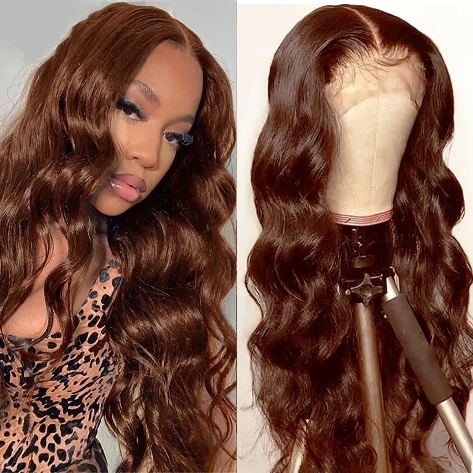 Chocolate Brown Lace Front Human Hair Wig 13x4 HD Transparent 220%density Body Wave Lace Frontal Wigs #4 Colored Human Hair Wigs