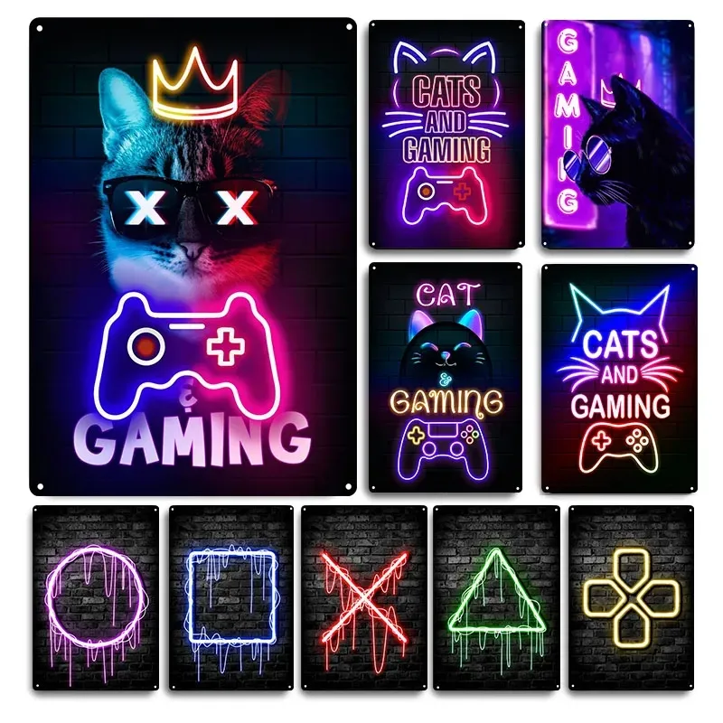 Gaming Cat Metal Sign Savage Gamer Vintage Tin Poster Game Zoon Retro Neon Gamer Room Decoration Shabby Plates Plack Bar Cafe 30x20CM W01