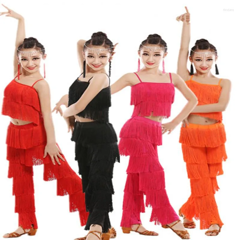 Scenkläder latin dansklänning för barn flickor vuxna balsal tofs frans tops byxor salsa samba kostym barn tävling