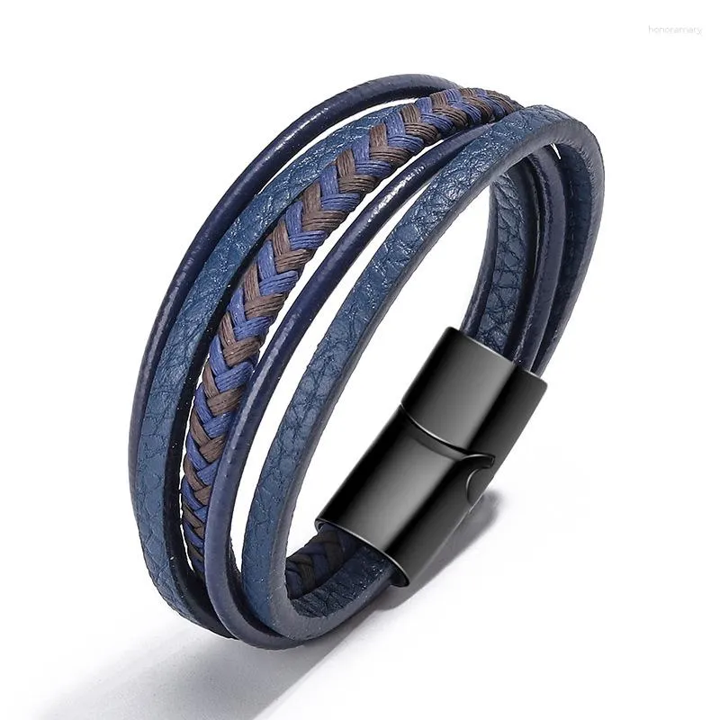 Charm Armband Niuyitid 2023 Men's Blue Leather Armband Multilayer Magnet Button Manlig smycken för kvinnor Dropship