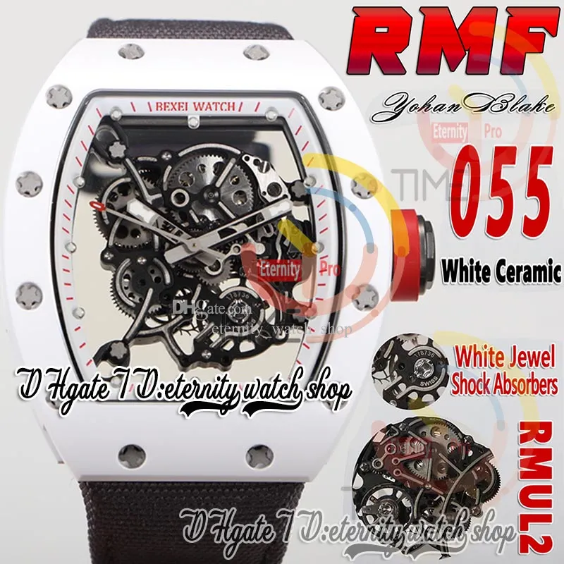 RMF 055 Mens relógio RMUL2 Mecânica White Winding Caso de cerâmica Branca Cinza parafusos de areia cinza Dial de esqueleto Branda de couro interno de anel de nylon