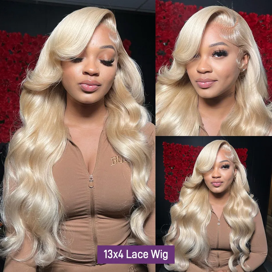 613 Lace Frontal Wig 220% densité 13x4 Blonde Body Wave Perruques de cheveux humains Transparent Glueless 36 30 pouces T Part Lace Front Wigs pour femmes