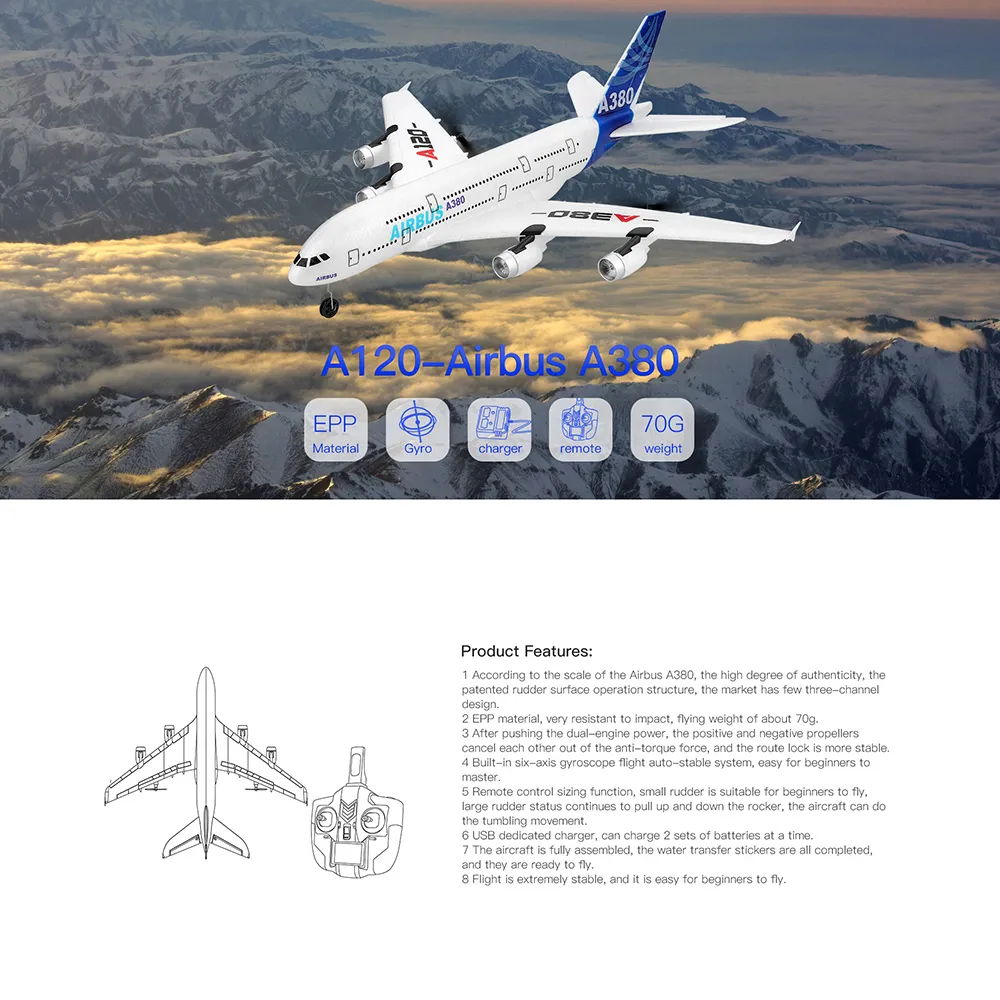 Wltoys RC Plane 3CH 2.4G EPP RC Airplane Fixed-wing RTF Airbus A380 Double  powered