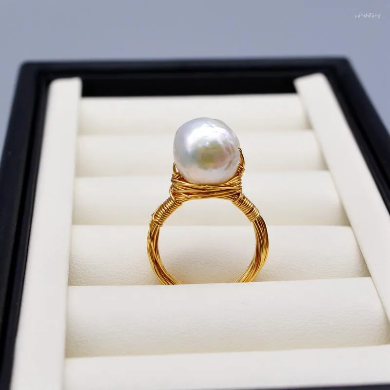 Cluster Rings Vintage Women's Natural Large Grain Baroque Pearl Gold Handmade personlighet smyckengagemang