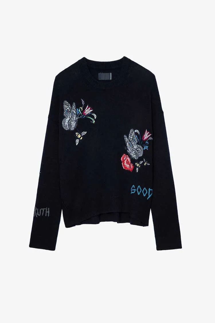 Zadig voltaire knitted sweaters ZV Butterfly Flower Letter Embroidery Flower 100 Cashmere Knitwear Women's Sweater 23ss