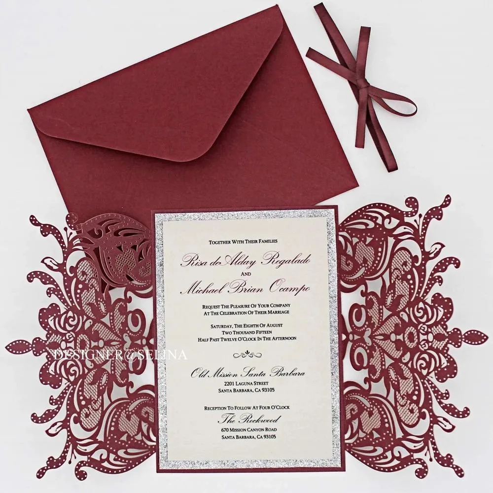 Burgundy Lace Wedding Invitation Inner Sheet with Silver Glitter Bottom And Ribbon Envelope