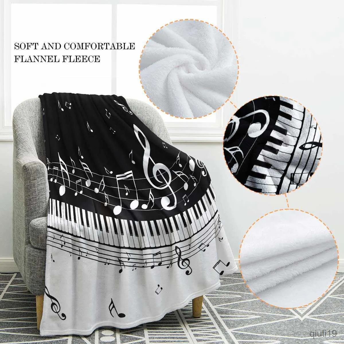 Filtar Piano Music Note Black Filt mjukt varmt tryck Kasta filt Ligtvikt Hållbar mysig för musikälskare Vuxna tonåringar Bästa gåvor R230819