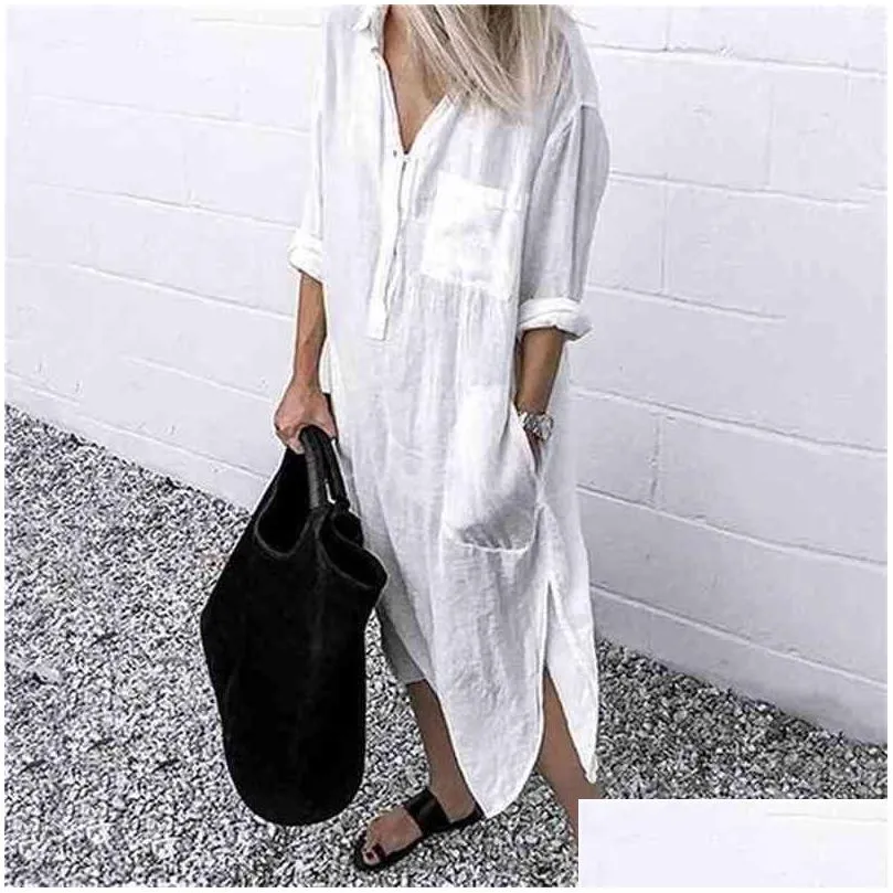 Vestidos casuais básicos vestido de verão para mulheres de linho maxi camisa es senhoras elegantes vestidos túnica feminina plus size 5xl long white 2107 dhoer