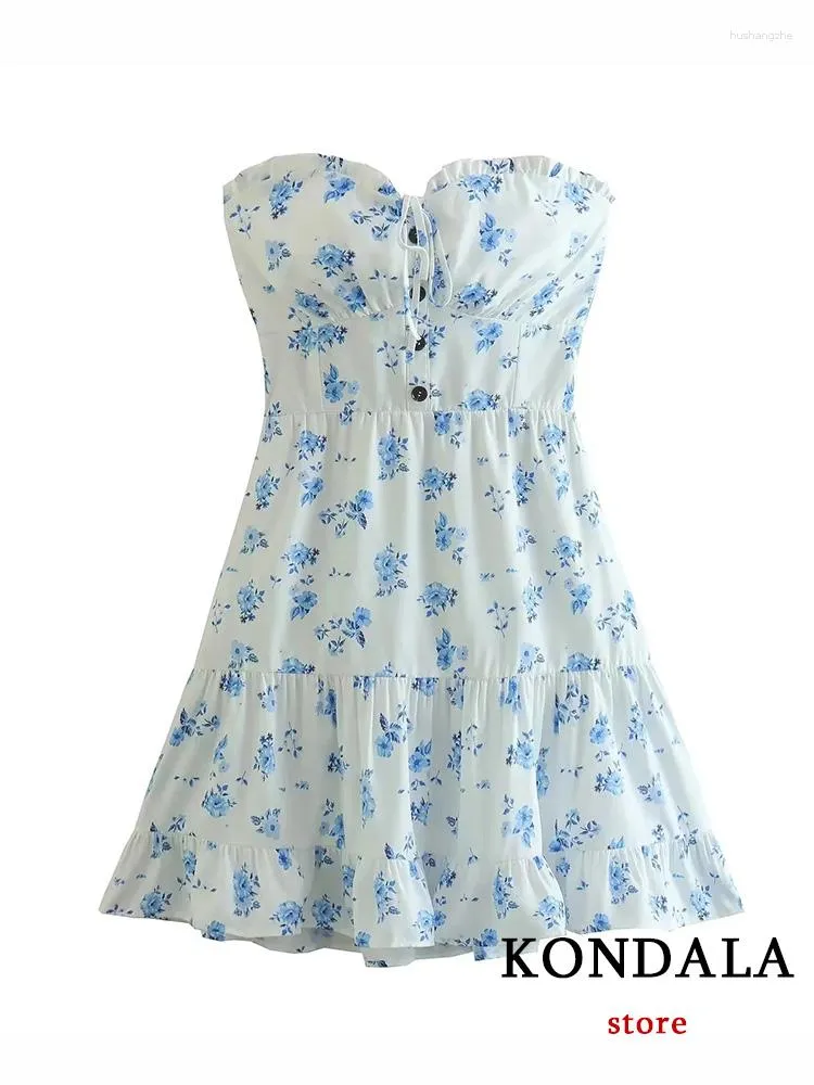 Casual jurken kondala vintage strapless bloem print jurk vrouwen mode 2023 ruches corset sexy feest strand elegante mini