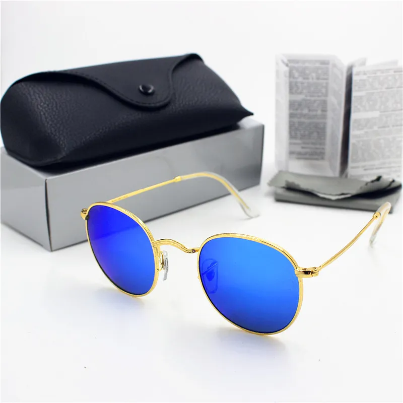 Rétro 50mm Mode Verre Protection Or Femmes Rondes UV400 Lunettes De Soleil Hommes Cadre Bleu Flash Haute Nouvelle Lentille 1pcs Qualité Noir Cas dtbdzb