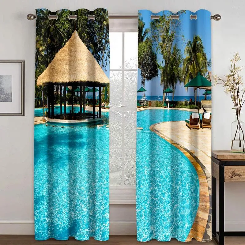 Curtain Thin Shading Polyester 3D Printing Natural Sea Semi Sunshade Beach Scenery For Bedroom Living Room Home Hook Decor