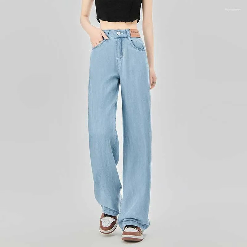 Heren jeans zomer dames hoge taille slank fit rechte ijs zijden smal brede been ademende baggy vrouwen elegante denim broek