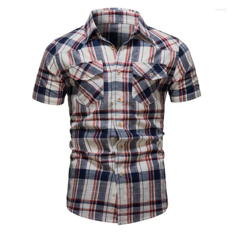Camisas casuais masculinas verão masculino de alta qualidade camisa xadrez de algodão bolso de bolso