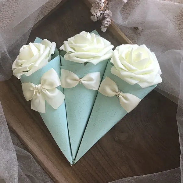 Paper Cone Shape favor holders wedding candy Boxes with Rose Flowers Bowknot Diamond 