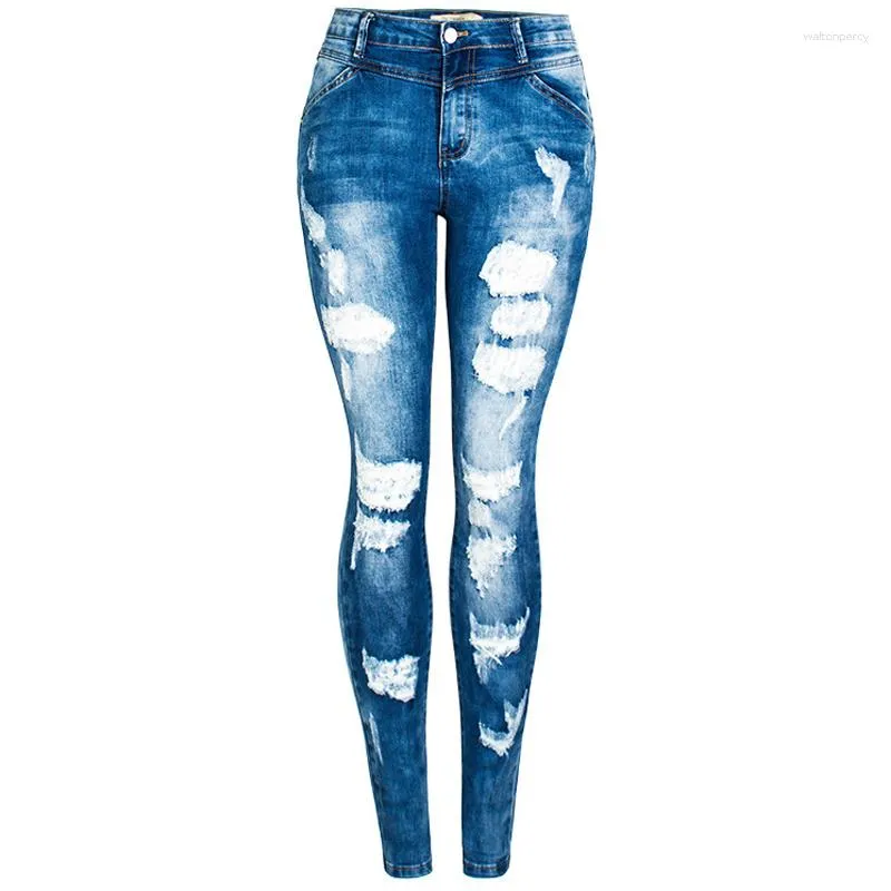 Jeans femininos elásticos magros e elásticos rasgados Destruir calças lápis Denim Denim namorado angustiado