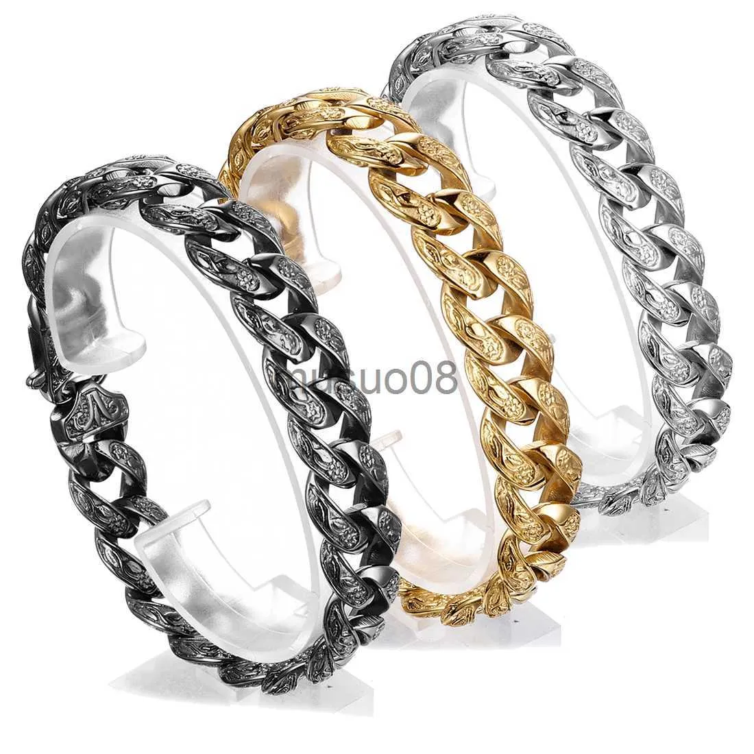 Bangle Length 9inch Gold/Black/Silver Color Stainless Steel Curb Cuban Link Chain Bracelet Bangle Vintage Men Jewelry Gift 15mm Width J230819