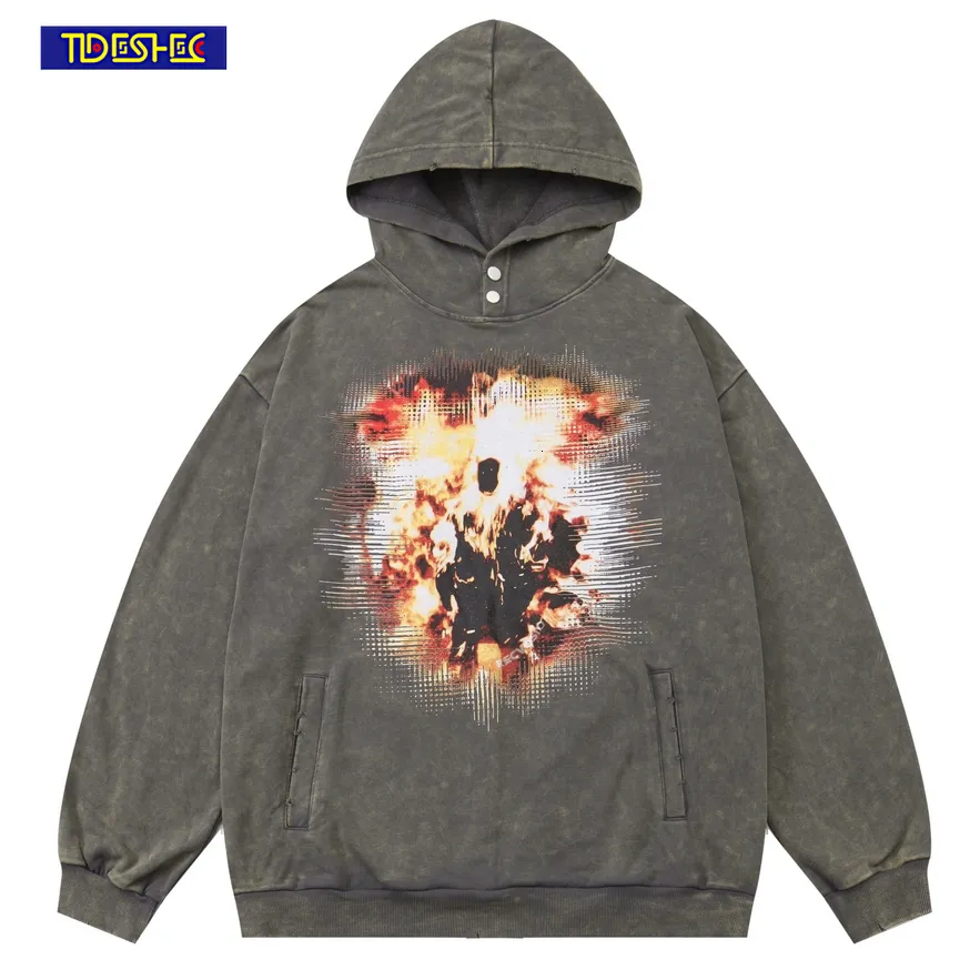 Vintage Flame Graphic Printed Baggy Hoodie Mens Hip Hop Streetwear