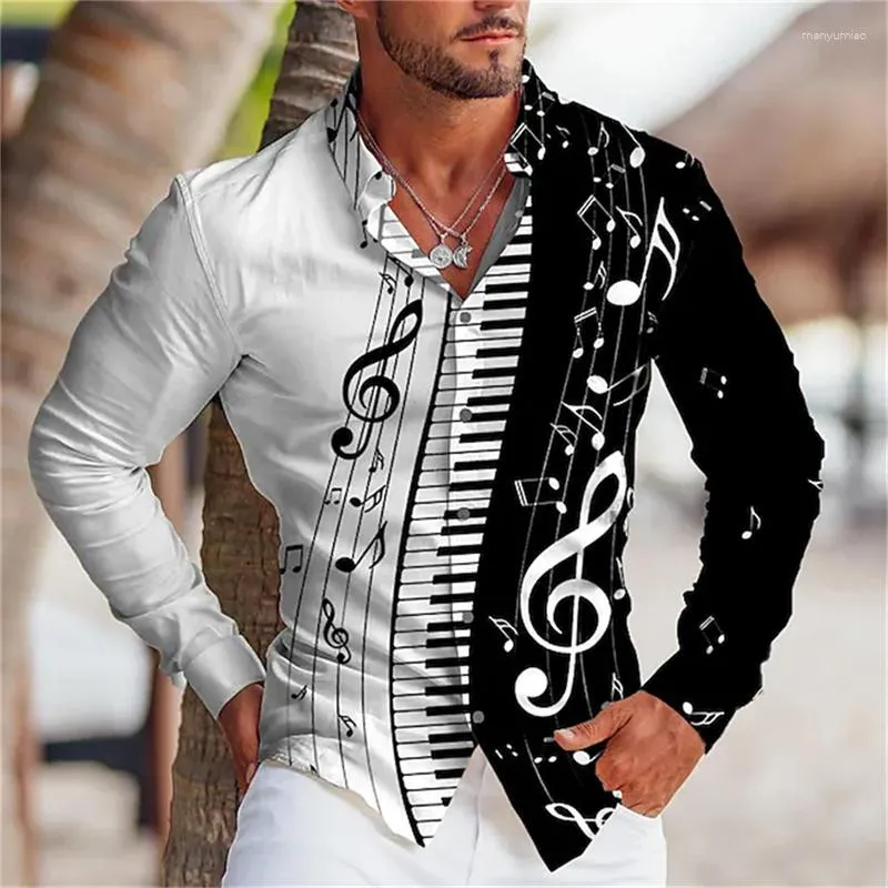 Mäns avslappnade skjortor grafisk tryckning av sommaren 2023 Musikknapp Topp långärmad skjortkläder design bekväm S-6xl