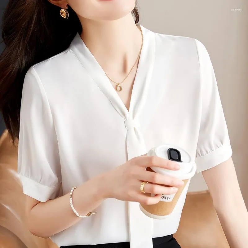 Women's Blouses Koreaanse Koreaanse korte mouw zomer high-end sense pendelaar witte chiffon shirt dames streamer shirts