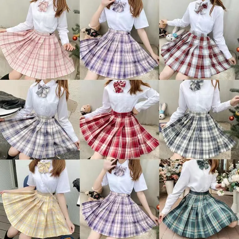 Skirts School Girl Uniform Pleated 17 Colors Japanese High Waist A-Line Y2k Plaid Skirt Bow Sexy JK Uniforms For Woman